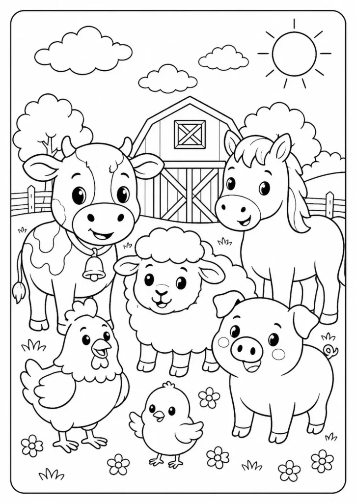 Free Printable Cute Farm Animals Coloring Page
