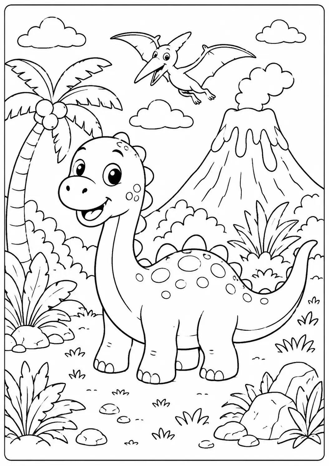 Dinosaur Adventure Coloring Page free printable worksheet for preschool and kindergarten kids