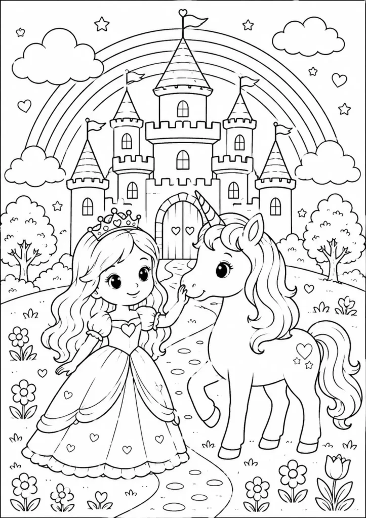 Free Printable Unicorn and Rainbow Coloring Page