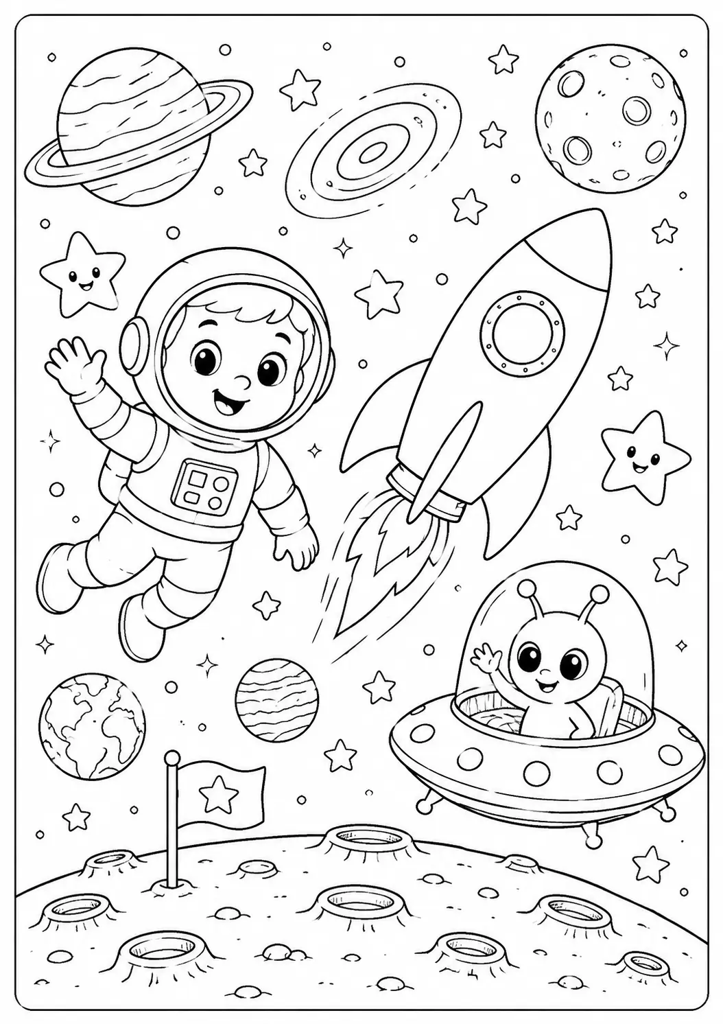 Cute Space Adventure Coloring Page free printable worksheet for preschool and kindergarten kids