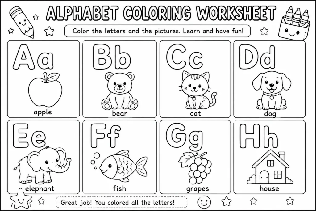 Printable alphabet coloring worksheet for preschool literacy practice