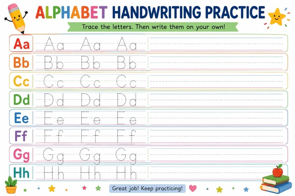 Alphabet handwriting practice worksheet for kindergarten and Grade 1