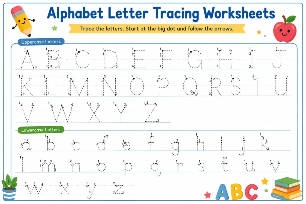 Alphabet letter tracing worksheets with uppercase and lowercase practice