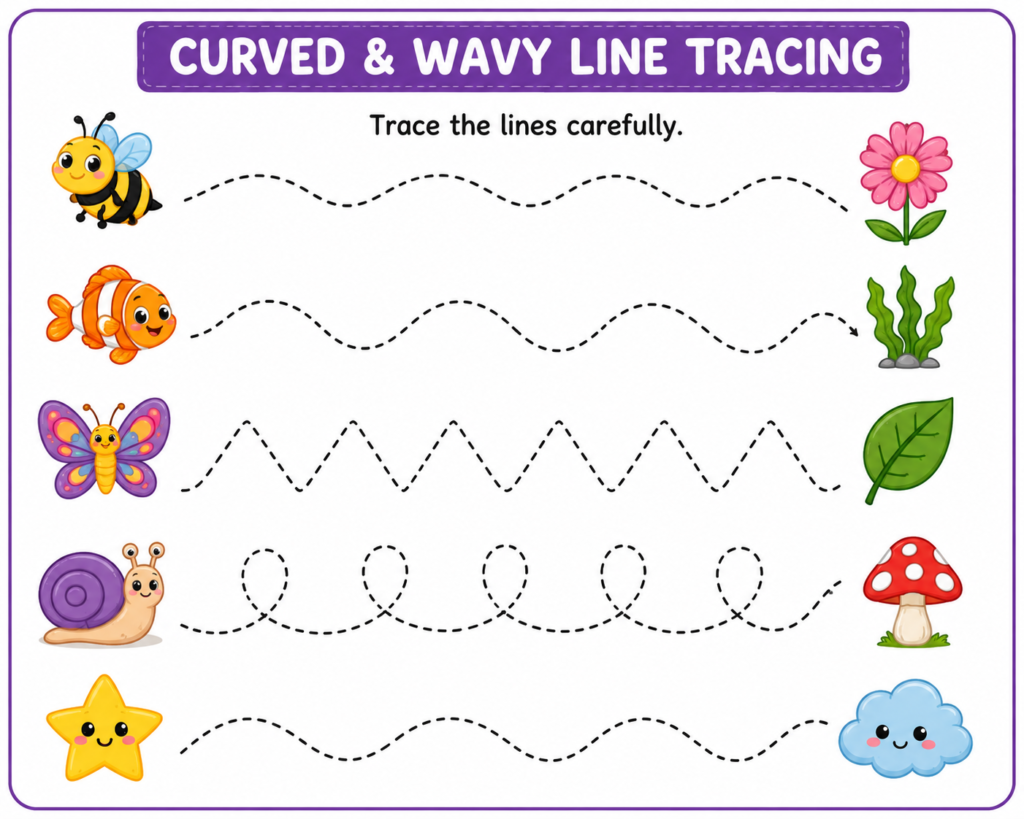 Tracing Lines Worksheets with curved and wavy pre-writing patterns