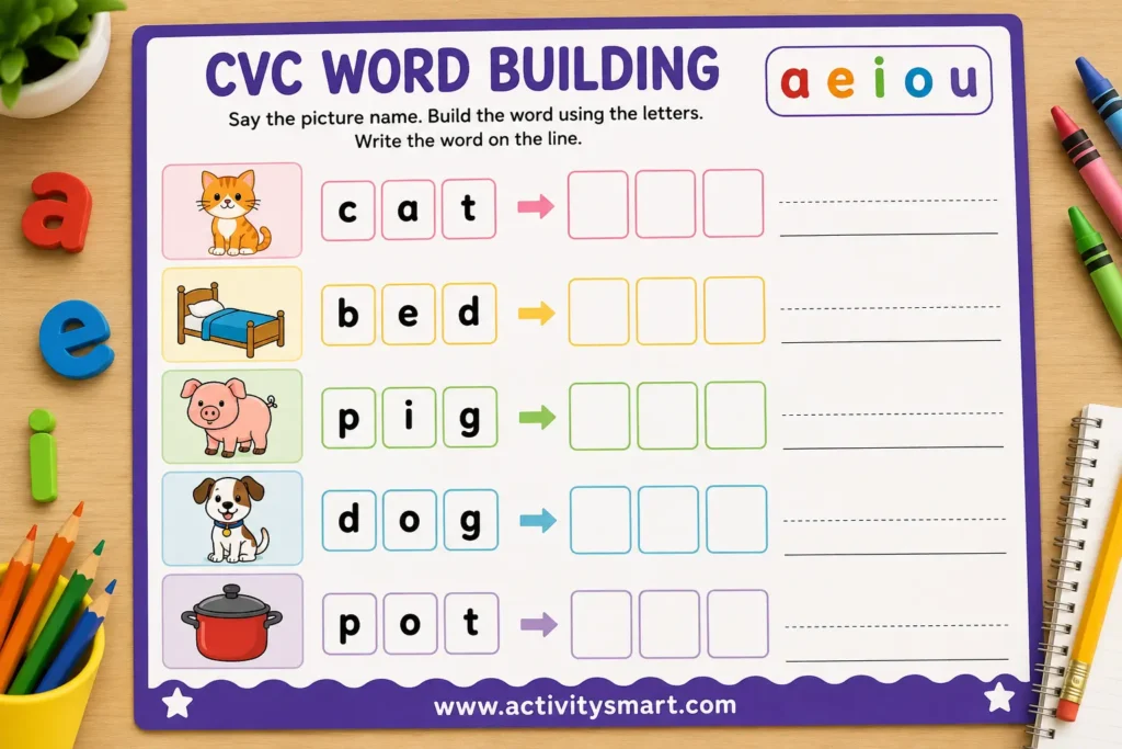 Short vowel worksheets for kindergarten with movable CVC word letters
