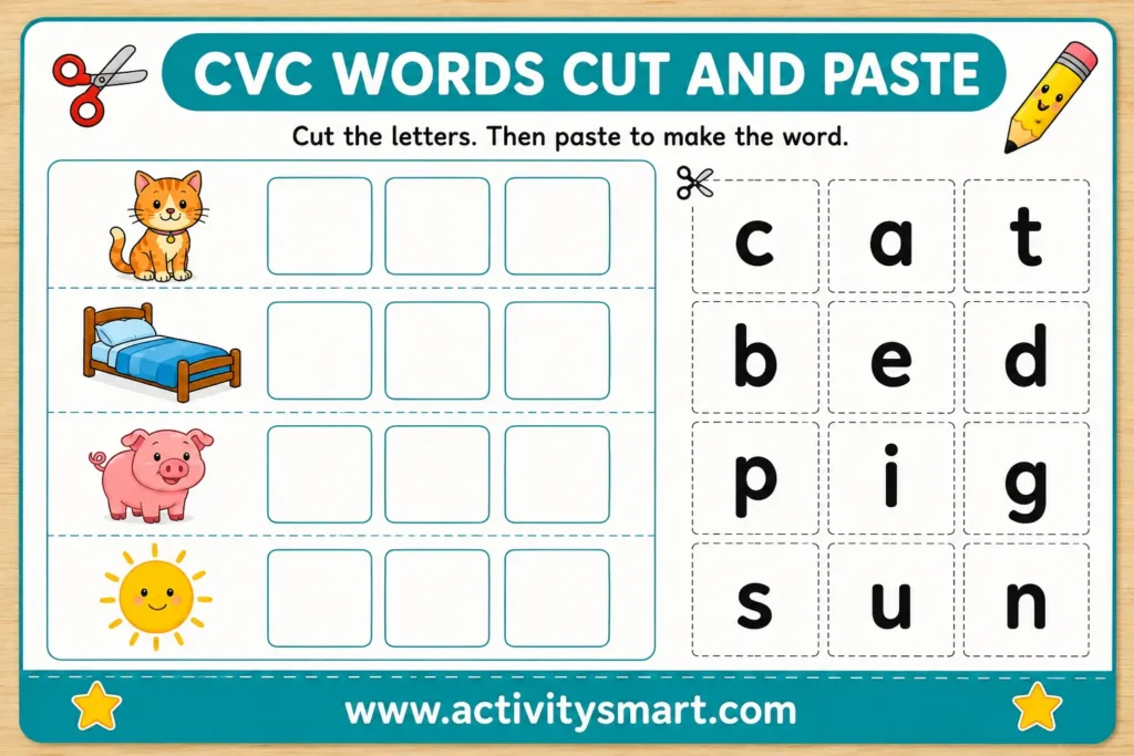 CVC words worksheets cut and paste word building