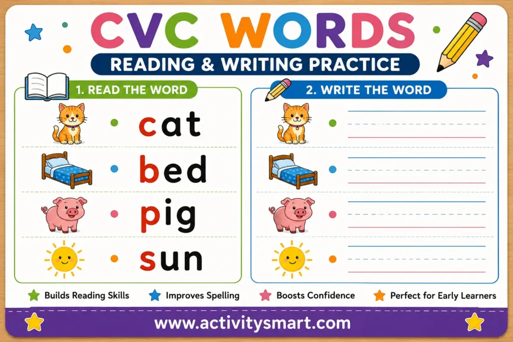 CVC words worksheets for reading and writing practice