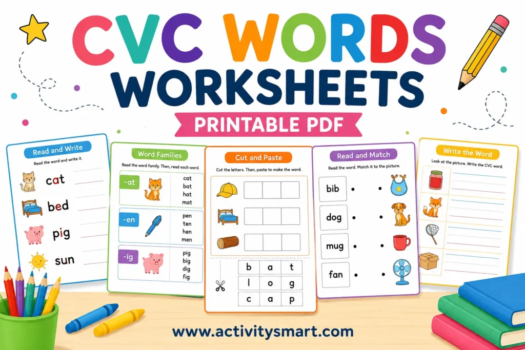 CVC words worksheets printable PDF with reading and writing activities