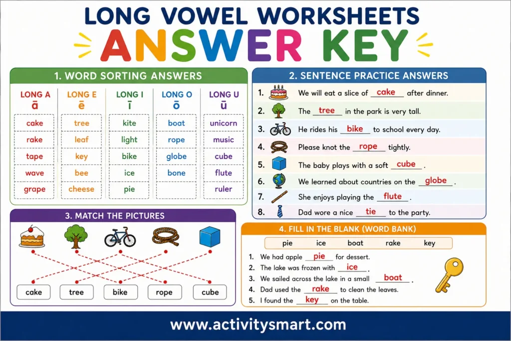 Long Vowel Worksheets with Answers completed answer key