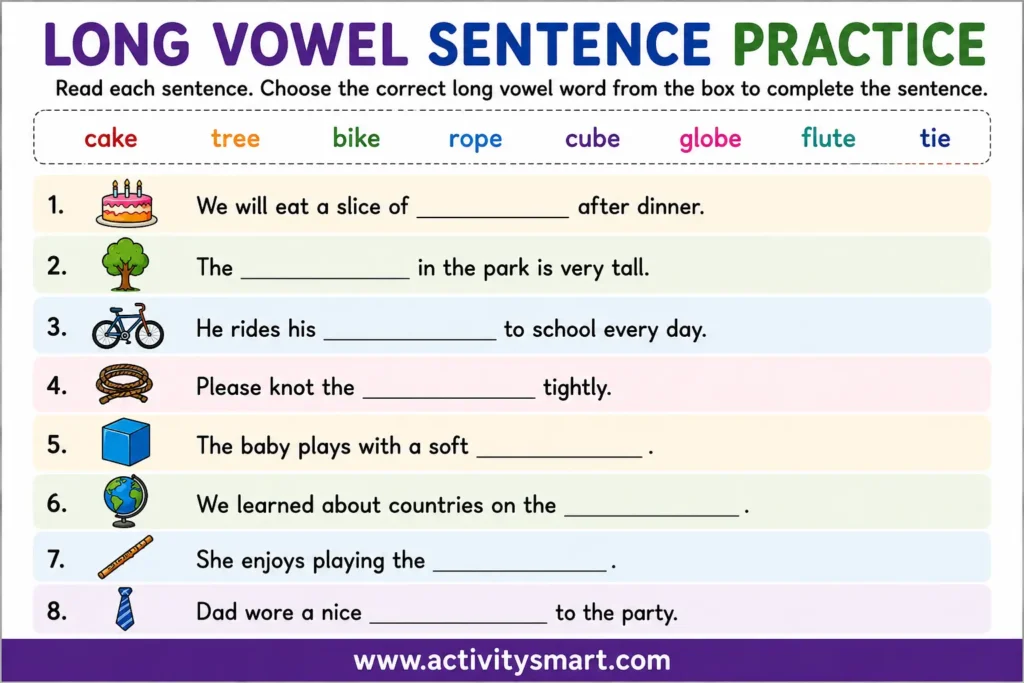 Long Vowel Worksheets with Answers sentence practice page