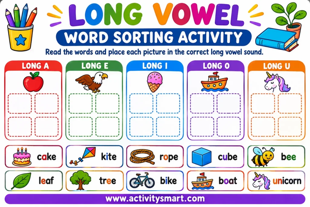 Long Vowel Worksheets with Answers word sorting activity