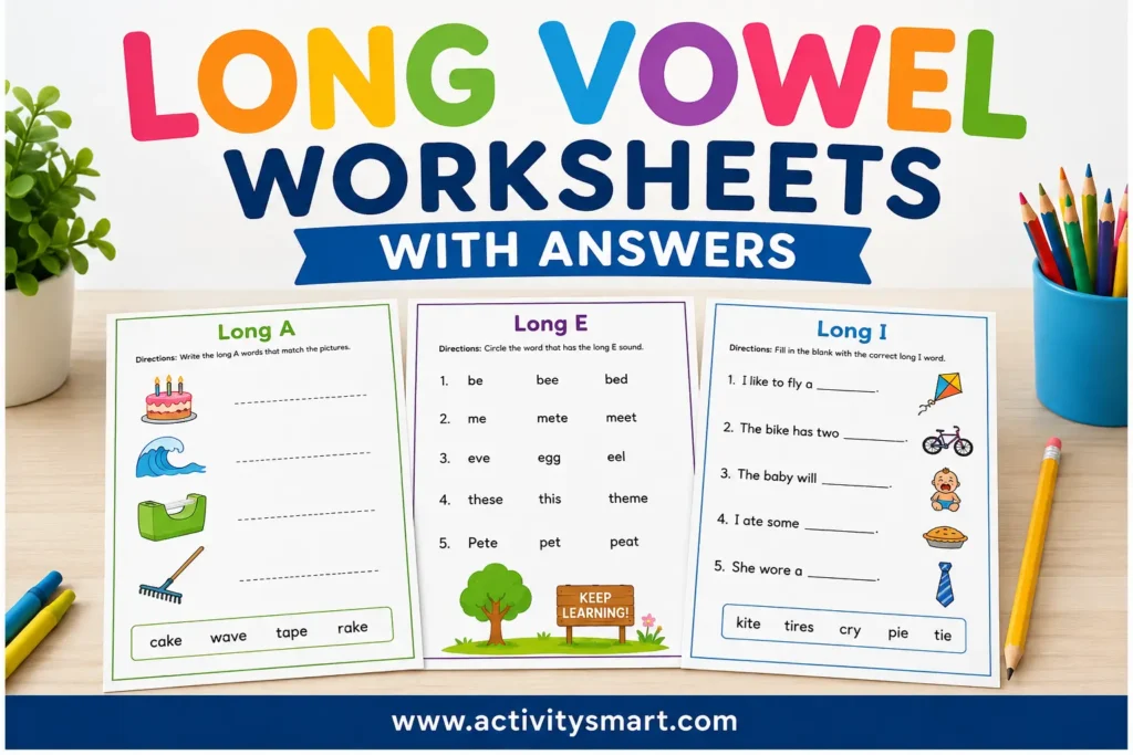 Long Vowel Worksheets with Answers printable phonics practice cover