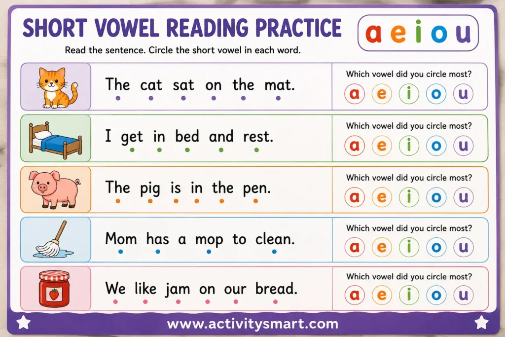 Short vowel worksheets for kindergarten with decodable word and sentence practice