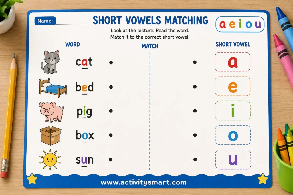 Short vowel worksheets for kindergarten using picture matching by middle sound