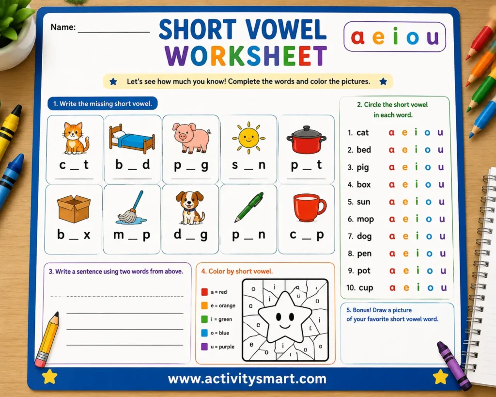 Short vowel worksheets for kindergarten mixed vowel progress assessment