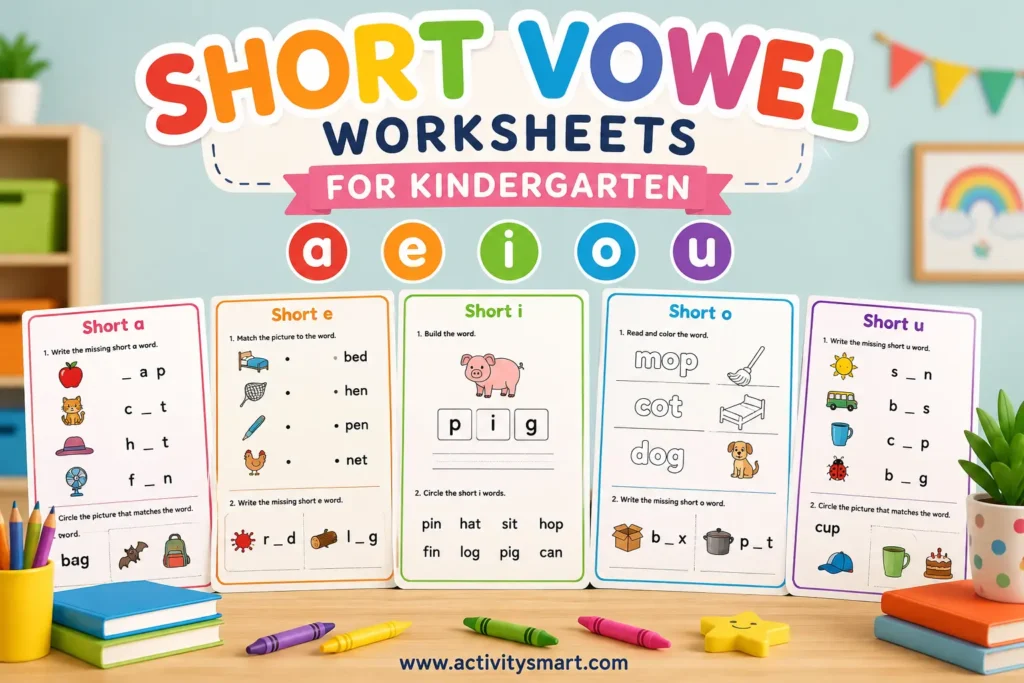 Short vowel worksheets for kindergarten with CVC words and five vowel sounds