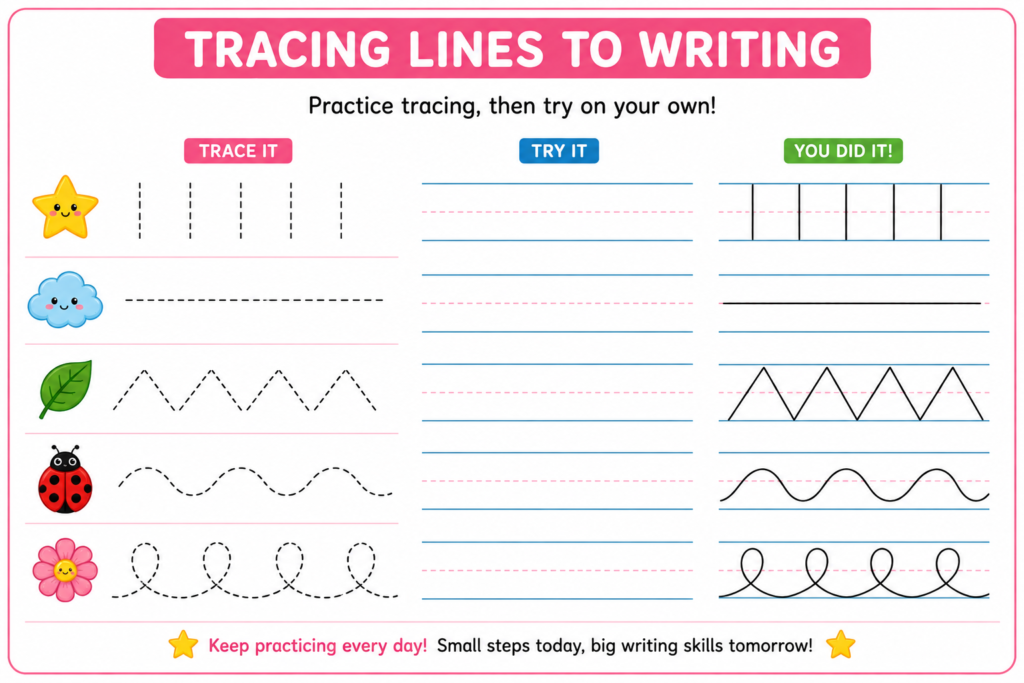 Tracing Lines Worksheets progression from lines to shapes letters and numbers