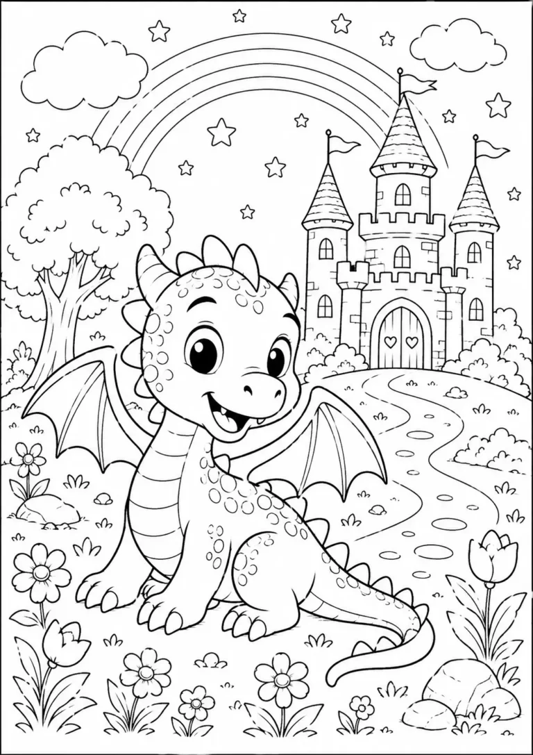 Baby Dragon by a Castle Coloring Page