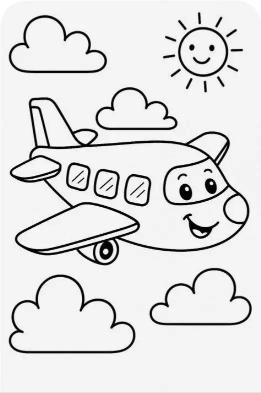 Smiling Airplane with Clouds and Sun Coloring Page