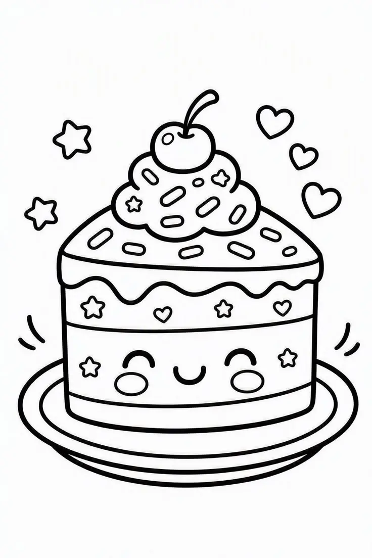 Smiling Cherry Cake Coloring Page