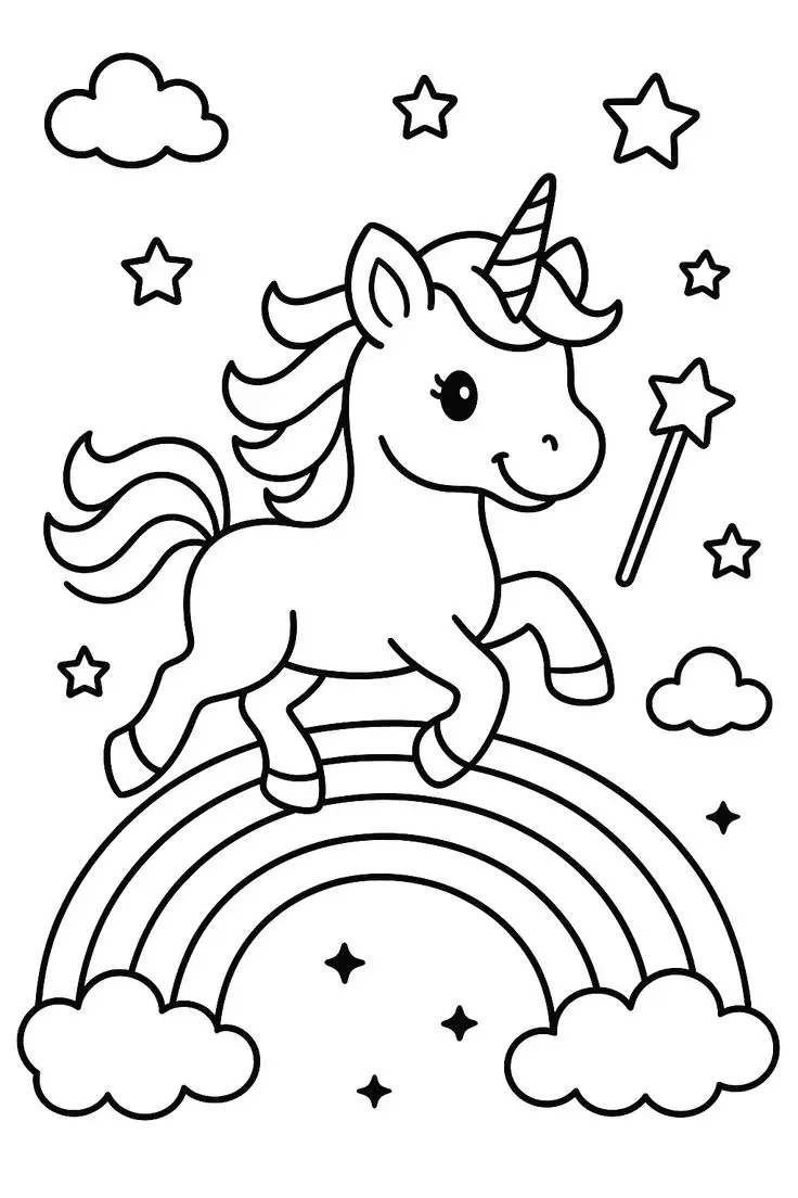 Unicorn Above a Rainbow Coloring Page