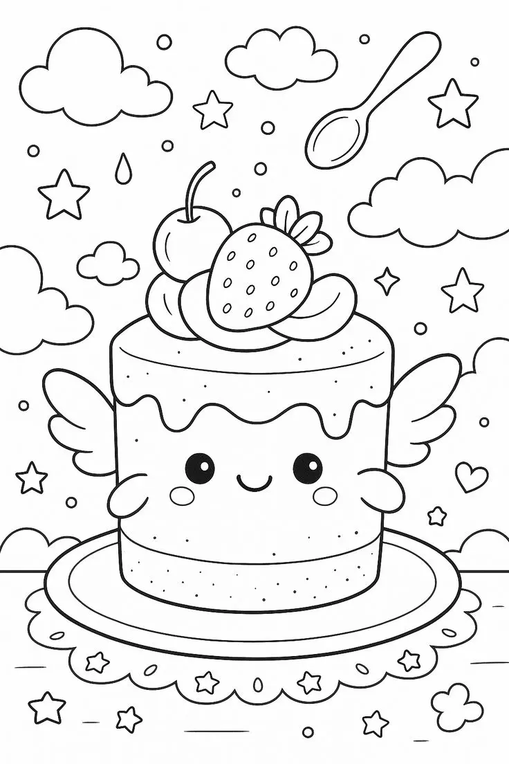 Winged Strawberry Cake Coloring Page
